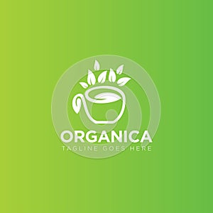 Fresh logo organica, with cup and leaves vector photo