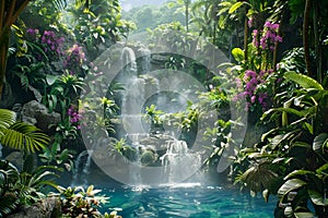 Lush foliage surrounds a jungle waterfall with cascading water, AI-generated.