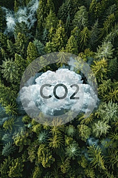Lush forest canopy with a large CO2 cloud, symbolizing environmental concerns.