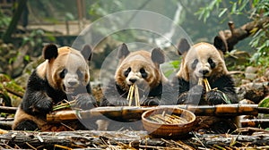 In the lush forests of Chengdu, China, a group of adorable giant pandas enjoy a peaceful meal of tender bamboo shoots