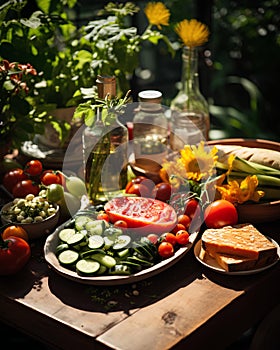 In a lush garden, a group of friends enjoys a picnic filled with an assortment of healthy treats, celebrating the joy