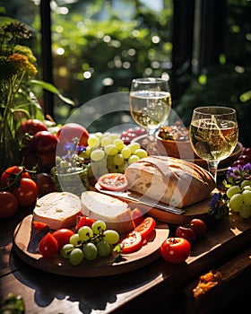 In a lush garden, a group of friends enjoys a picnic filled with an assortment of healthy treats, celebrating the joy