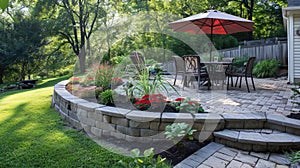 Lush garden patio with brick pavers and dining furniture