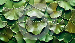 Lush Ginkgo Biloba Leaves Overlapping on Vibrant Green Background photo