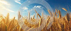 Lush golden wheat fields swaying in the wind during the day with a clear sky