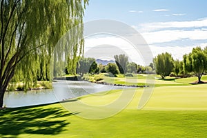 a lush golf course beside a barren public park