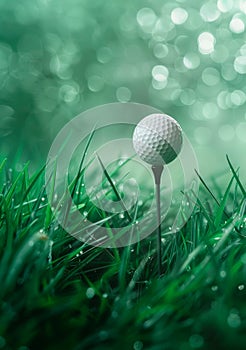 A lush green backdrop with a golf ball on the tee and a soft morning mist perfect for dads who love golf. photo