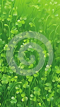 Lush green clover leaves. Digital art. Green natural background. Concept of growth, good luck, nature pattern, green