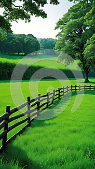 Lush Green Countryside View Surrounded by Wooden Fences.