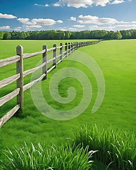 Lush Green Countryside View Surrounded by Wooden Fences.