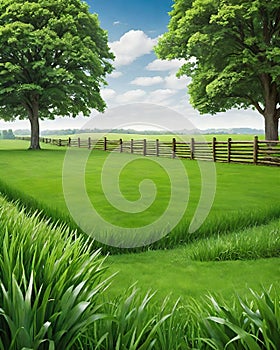 Lush Green Countryside View Surrounded by Wooden Fences.