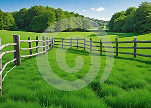 Lush Green Countryside View Surrounded by Wooden Fences.