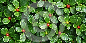 Lush Green Dew Covered Plants with Red Berries Nature Background Texture