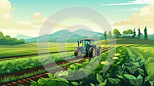 Lush Green Farm Field Tractor Illustration With Rolling Hills