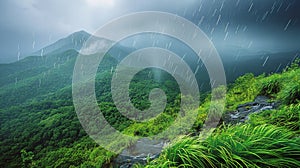 Lush Green Field With Rain Next to Forest