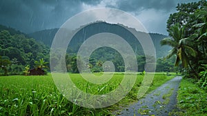 Lush Green Field With Rain Next to Forest