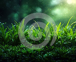 A lush green field with raindrops on the grass. Concept of tranquility and serenity