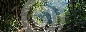 Lush green forest filled with bamboo grove trees, with view of a cascading waterfall in background