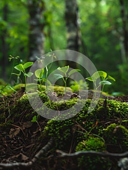 Lush green forest floor with sprouting plants photo