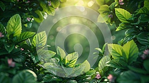 A lush green forest frame with light streaming through the leaves