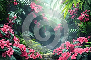 Lush Green Forest With Pink Flowers. Generative AI