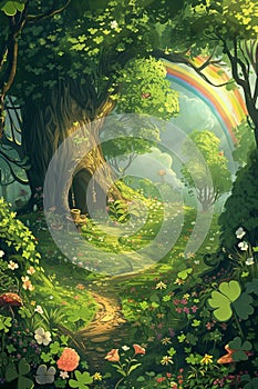 Lush green forest with rainbow, fairy tale treehouse, enchanted woodland, magical light, fantasy scene