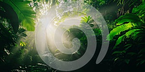 Lush green forest with sunlight filtering through the trees panorama and copy space photo
