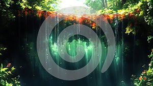 Lush Green Forest Waterfall Sunlight Rays Tropical Nature Scene