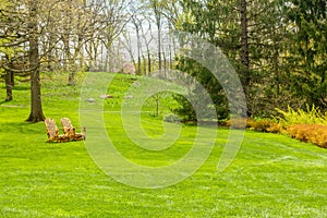 Lush green garden with chairs