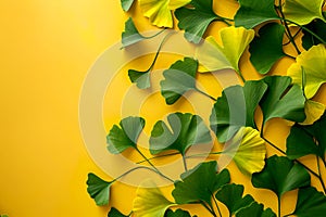 Lush green ginkgo leaves are set against a bright yellow background.