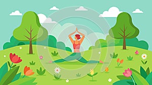 Lush green grass and blooming flowers provide the perfect backdrop for a peaceful outdoor partner yoga session.. Vector