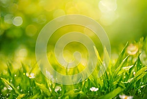 Lush green grass with blurred bokeh background.