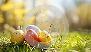 Lush green grass foreground, vibrant spring scene, whiteyellow background, easter concept