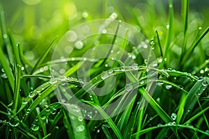 Lush Green Grass Texture with Dew Drops: Serene Spring Vibes AI Image