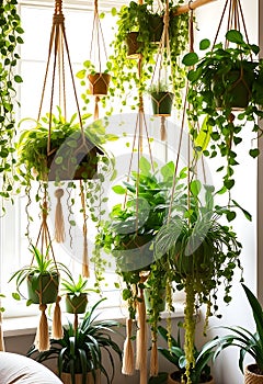 Lush Green Hanging Plants: A Bohemian Macrame Window Display photo