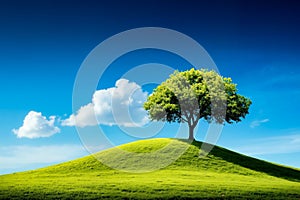 A lone tree on top of a grassy hill under a blue sky