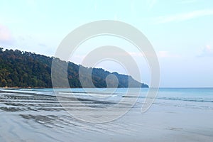 Lush Green Hills, Blue Sky and Picturesque Serene White Sandy Beach - Radhanagar Beach, Havelock Island, Andaman