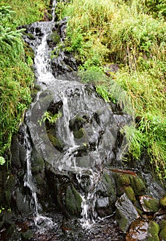 Lush green landscape surrounding a small waterfall