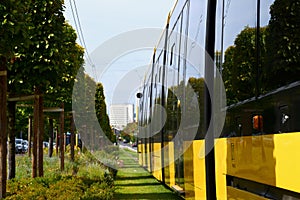 Lush green lawn along the streetcar rail tracks. Yellow tram in closeup perspective. urban street in summer