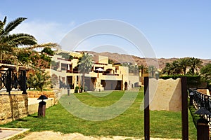 A lush green lawn with palm trees and a signboard for advertising text, all situated on the shores of the Dead Sea