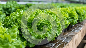 Lush green lettuce growing in a hydroponic farm, a symbol of sustainable agriculture.