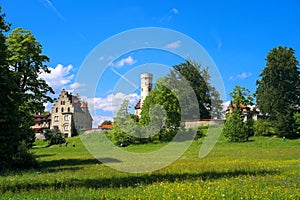 Lush green meadows of tourist destination castle Lichtenstein, Germany