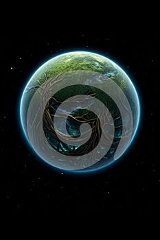 Lush Green Planet Entwined with Ancient Tree Roots photo