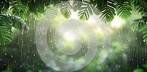 Lush green rainforest foliage is the backdrop for rain falling and creating an atmospheric scene