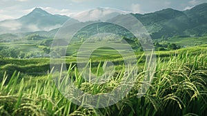 Lush green rice terraces in a mountainous landscape