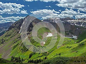 Lush Green and Rugged Peaks at Yankee Boy Basin, Mount Sneffels Wilderness, Ouray, Colorado