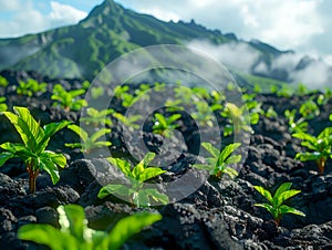 Lush Green Saplings Thriving on Volcanic Soil with Majestic Cloud Capped Mountain in Background A Symbol of New Growth and