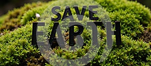 Lush green Save the Earth ecomessage on a mossy backdrop