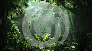 Lush Green Tropical Forest With Sunlight Rays