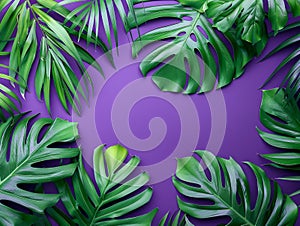 Lush Green Tropical Monstera Leaves on Trendy Purple Background Nature, Botanical, Exotic, Tropical Plants, Foliage, Vibrant